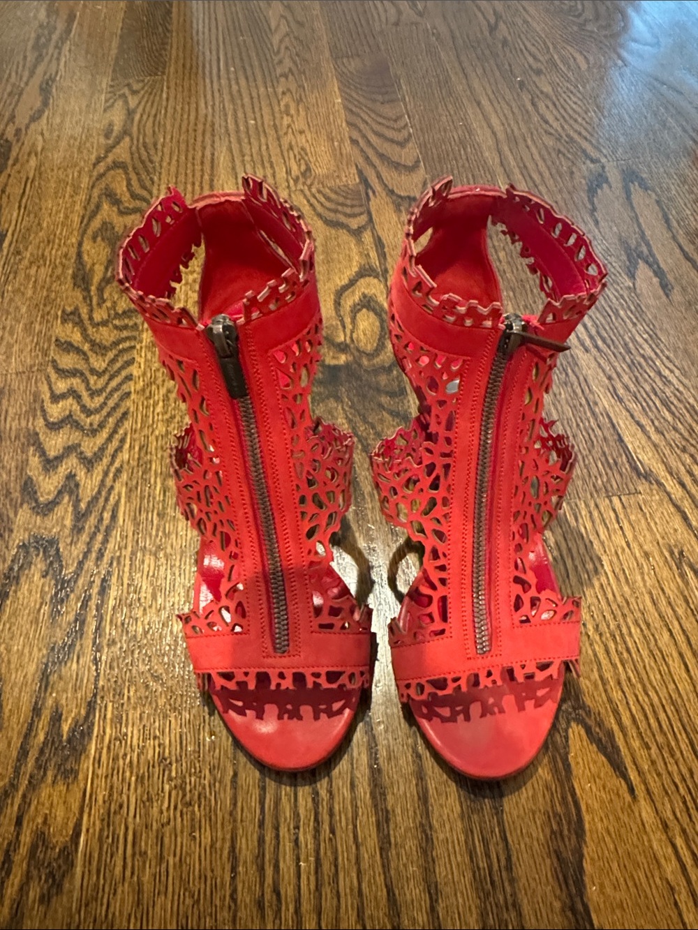 Jimmy Choo Red Laser-Cut Zip Front High Heel Sandals